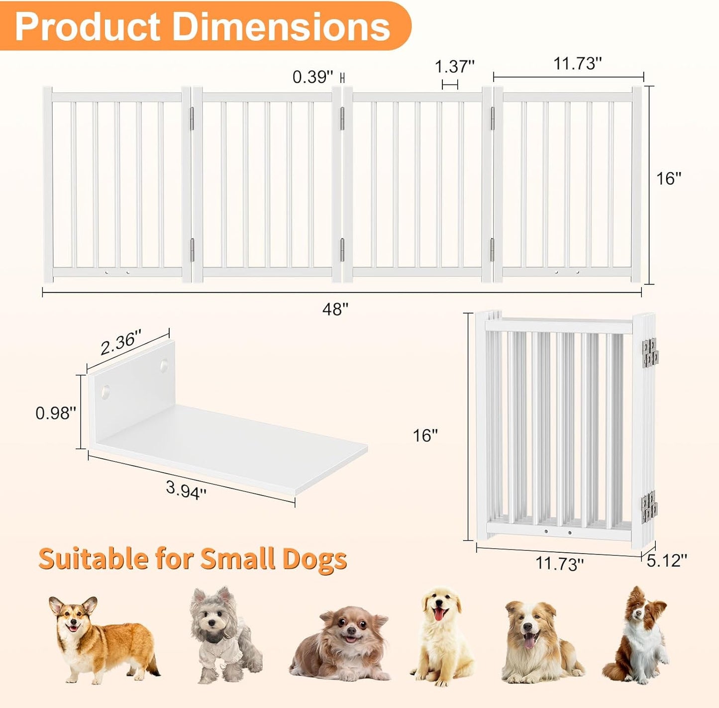 Snughome Short Dog Gate Indoor, 16" High Freestanding Small Dog Door Gates with Support Feet, Expands Up to 48’’ Wide Foldable Pet Gate for Doorway, 4 Panel Folding Pet Door Pet Fence for Puppy, White