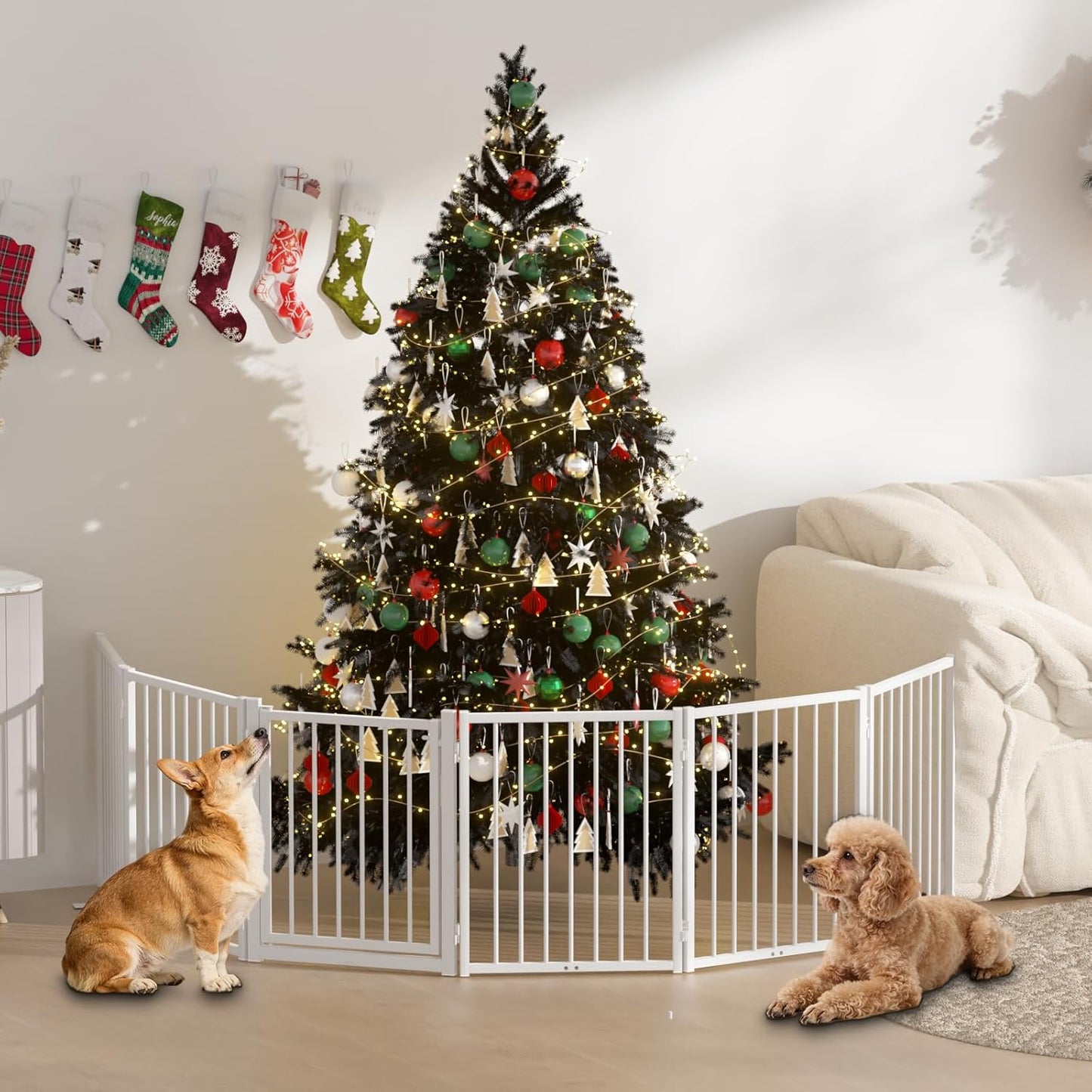 SNUOWU Full Metal Freestanding Dog Gate with Door, 32''Height Foldable Pet Dog Fence for Indoor & Outdoor, 4 Panels Extra Wide Free Standing TallDog Gates for Doorways,House,Stairs,Porch,Deck,Yard
