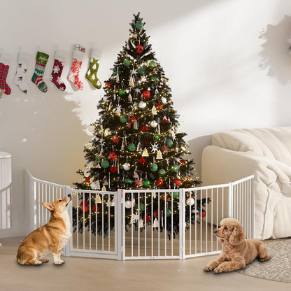 SNUOWU Full Metal Freestanding Dog Gate with Door, 32''Height Foldable Pet Dog Fence for Indoor & Outdoor, 4 Panels Extra Wide Free Standing TallDog Gates for Doorways,House,Stairs,Porch,Deck,Yard