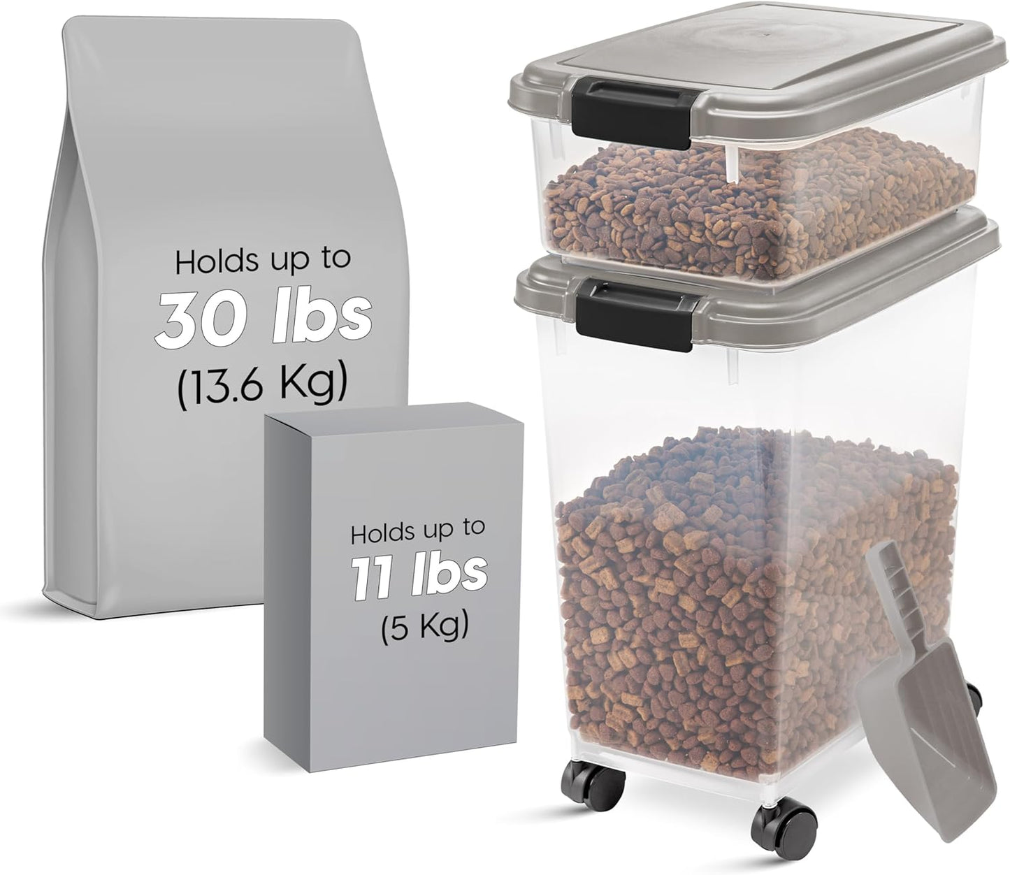 IRIS USA 30 lbs & 11 lbs Combo Airtight Dog Food Storage Container, Stackable Treat Box, 2-Cup Scoop, Wheels, Keep Fresh, Easy Mobility, Chrome