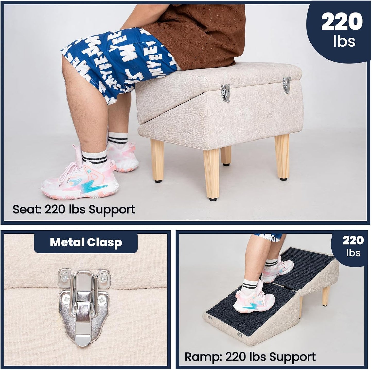 3-in-1 Dog Ramp 18.9"×17.7"×18.9" with Storage – Pet Stairs for Senior & Injured Dogs & Cats, Hidden Storage Footstool, Ottoman Anti-Slip, Supports 220 lbs for Beds & Sofas (Blue-pro)