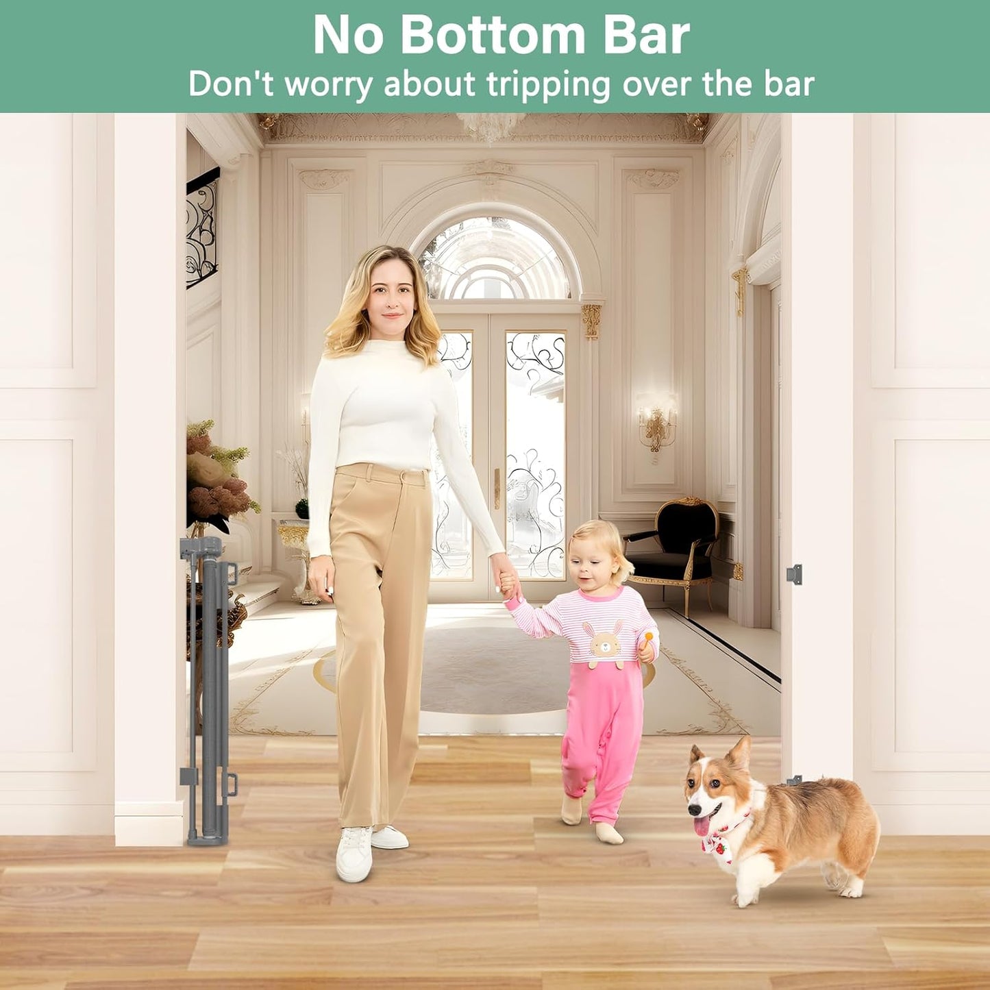 Reinforced 26 Inch Tall Retractable Child Gate to Step Over 55" Wide Small Retractable Baby Gates for Stair Retractable Dog Gate Short Mesh Dog Gate Retractable Toddler Gates for Doorways Doggy Gate