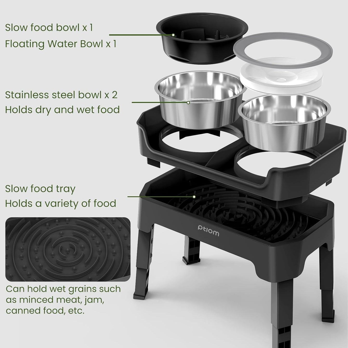 KPWACD 3-in-1 Elevated Dog Bowls Mess Proof Raised Slow Feeder Dog Bowls, 4 Height Adjustable Stand Licking Plate with 2 56oz Stainless Steel Doggy Food Dish for Small Medium Large Pets