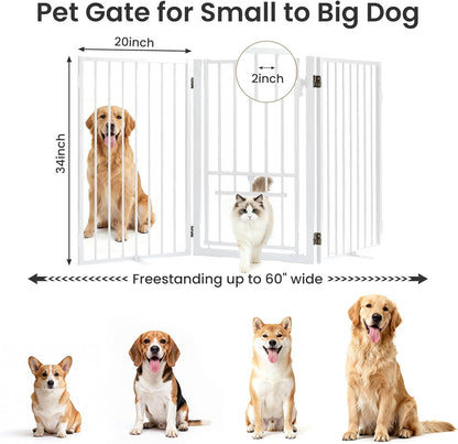 Metal Freestanding Dog Gate with Cat Door for Outdoor Indoor,80" Extra Wide Foldable Pet Fence,30" Tall Dog Gate for Large Opening,Stairs,Hallways,Doorways,Deck,Yard,with 3PCS Support(4 Panels,Black)