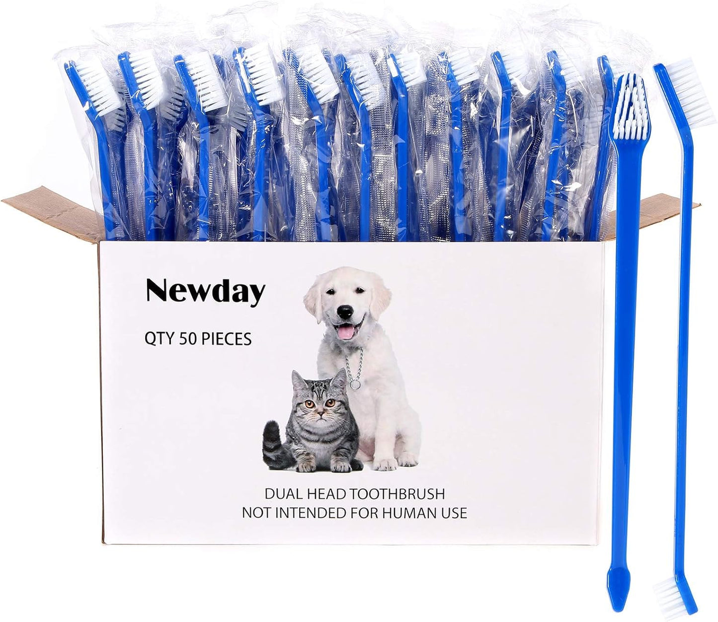 Newday 50 Pack Dual Ended Long Dog & Cat Toothbrush, Pet Safe Super Soft Bristles for Pet Dog Puppy Kitten Dental & Oral Care Teeth & Gums, Pet toothbrushes in Box, Bulk Individual polybag (Colorful)