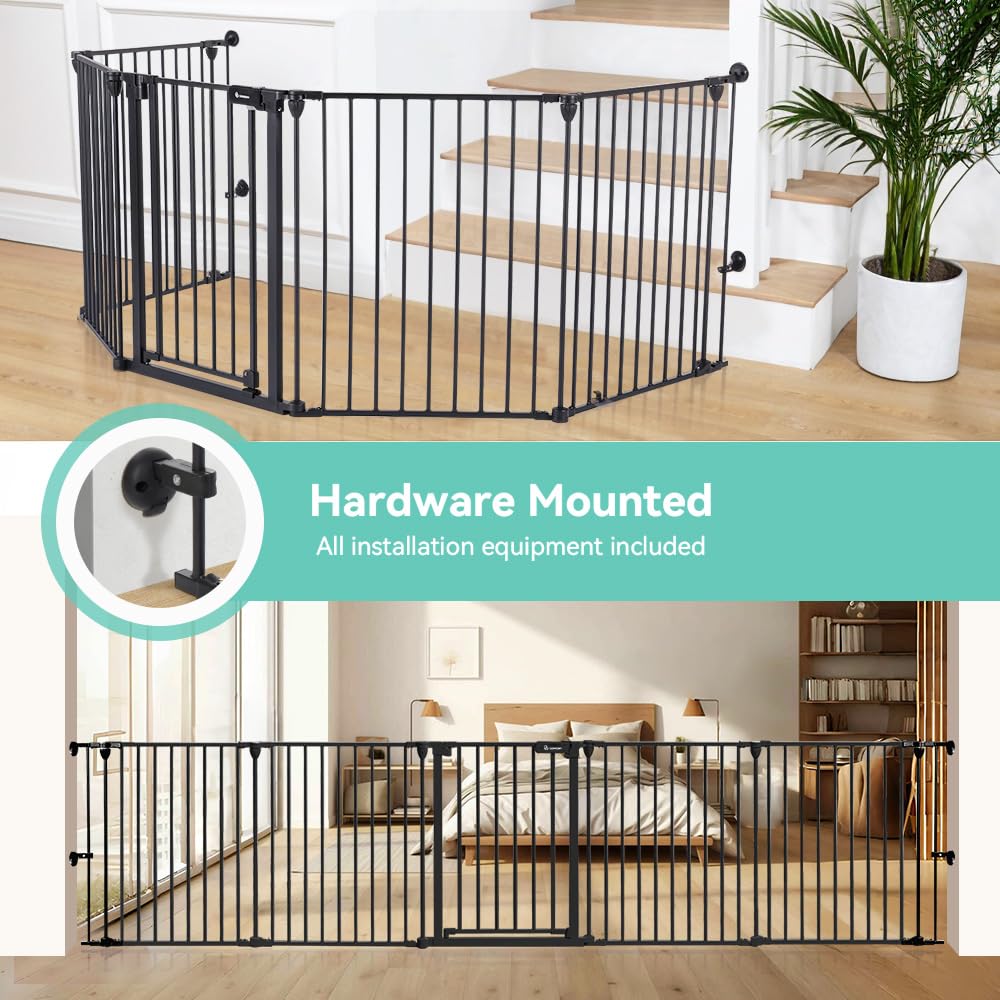 COMOMY 80" Extra Wide Baby Gate, Dog Gate for House Stairs Doorways Fireplace, Auto Close Pet Gate with Door Walk Through, 3 Metal Panels, Hardware Mounted Baby Fence Indoor Outdoor(30" Tall, Black)