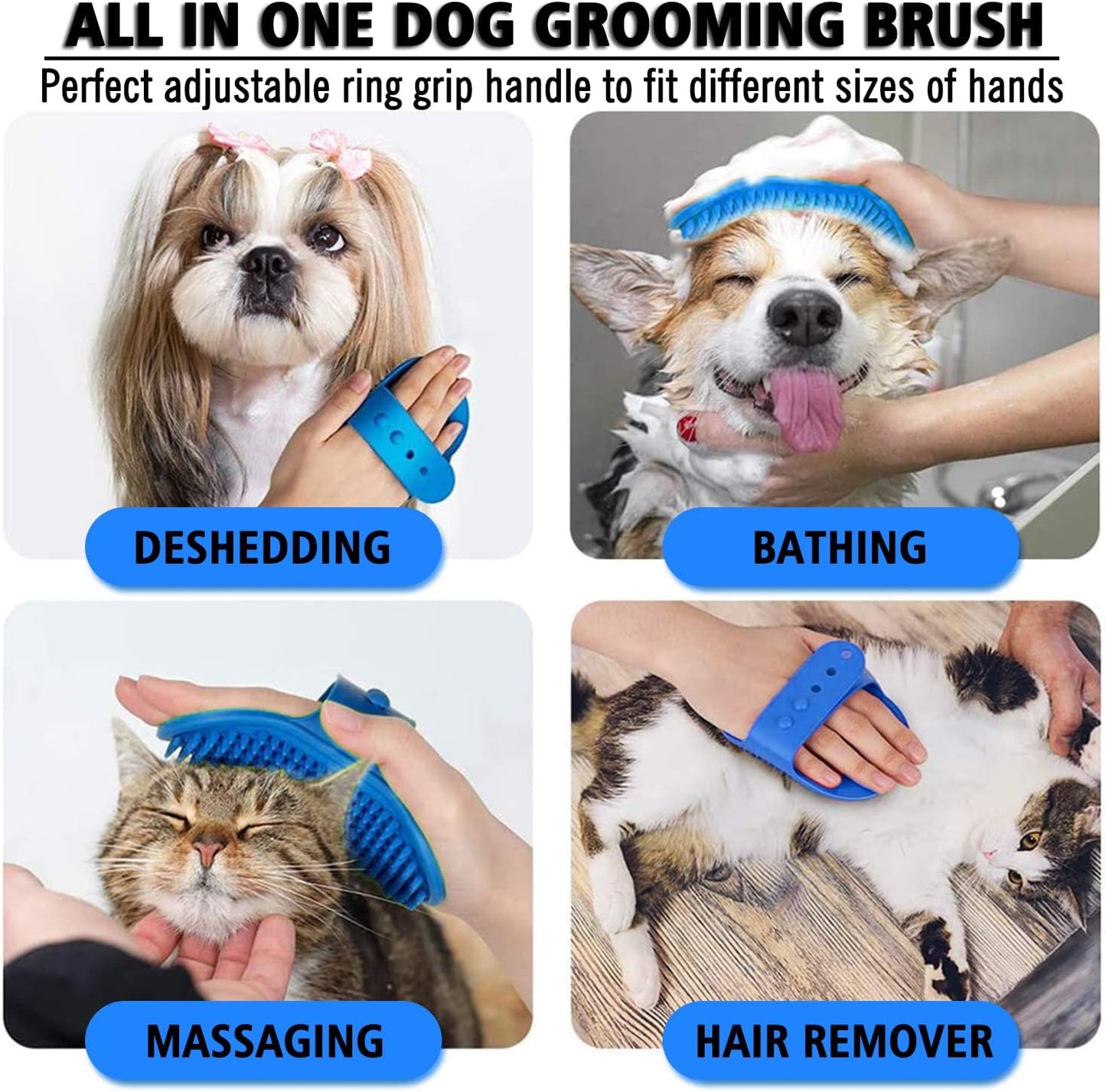 Dog Grooming Brush, Pet Shampoo Bath Brush Shedding Soothing Massage Rubber Comb with Adjustable Ring Handle for Long Short Haired Dogs and Cats 2pcs