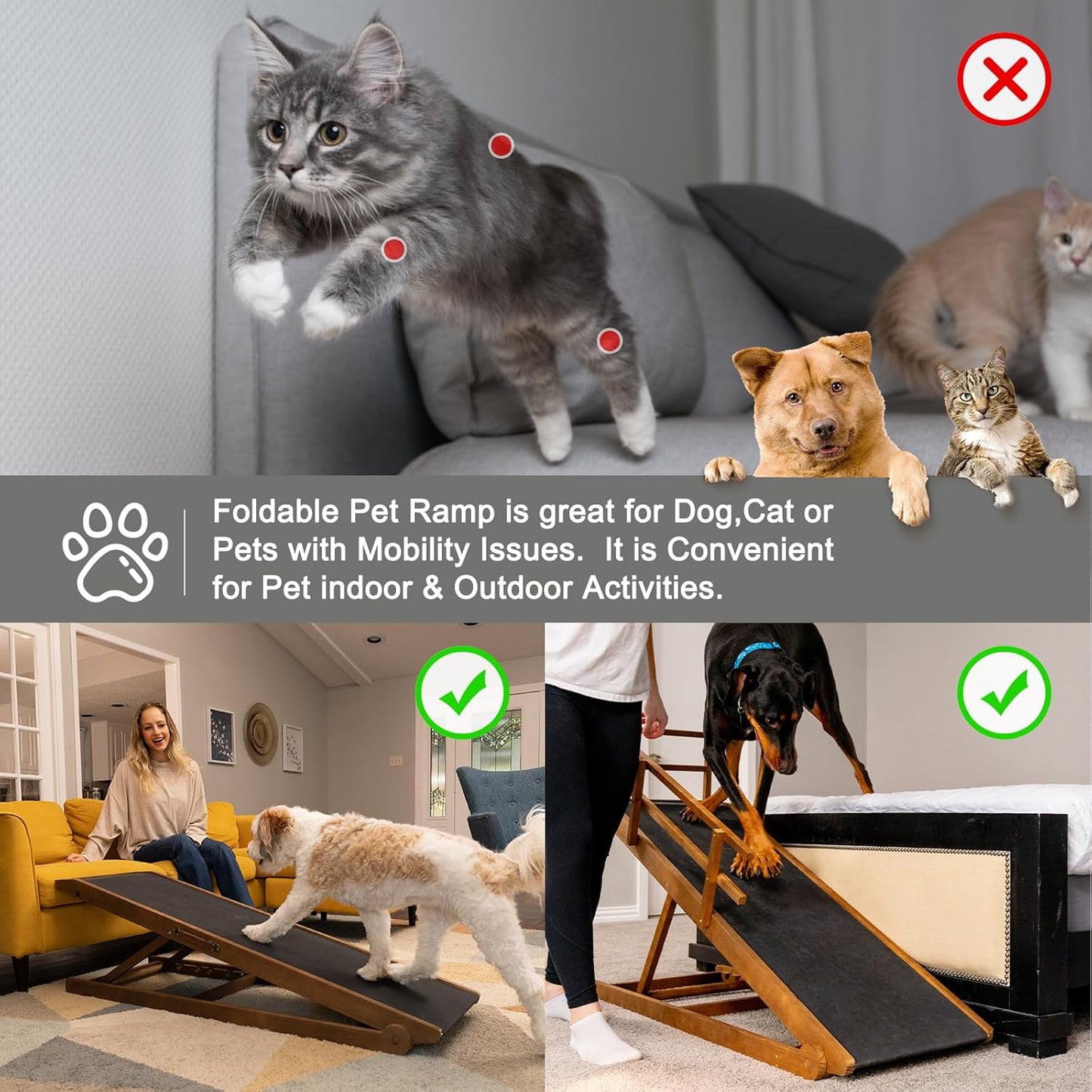 ABORON Antislip Dog Ramp, Adjustable Folding Pet Ramp for Small & Large Old Dogs & Cats, High Traction Portable Rubber Paw Ramps, Supports up to 200 lbs, Used for Bed Couch SUV, 39.3'' Long