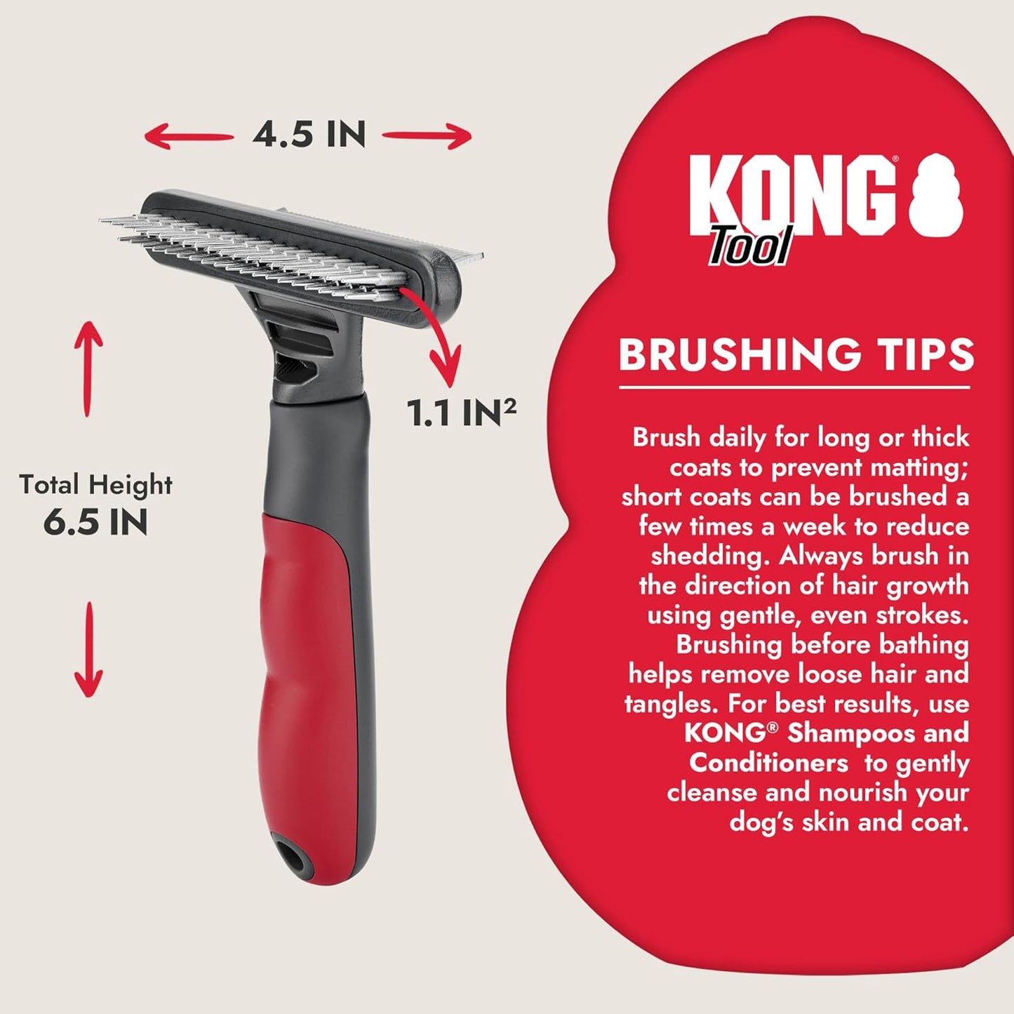 KONG Double-Sided Rake & Deshedding Tool – Detangling & Shedding Control, Rounded Metal Tips, Non-Slip Grip, for Medium to Large Dogs with Medium to Long Coats, Red/Gray