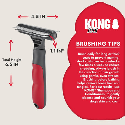 KONG Double-Sided Rake & Deshedding Tool – Detangling & Shedding Control, Rounded Metal Tips, Non-Slip Grip, for Medium to Large Dogs with Medium to Long Coats, Red/Gray