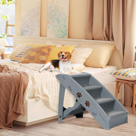 LEMY Non-Slip Foldable Steps Stairs for Dogs and Cats, 4-Step Portable Indoor Outdoor Pet Steps Ramp for Bed, Couch, Car, Tan