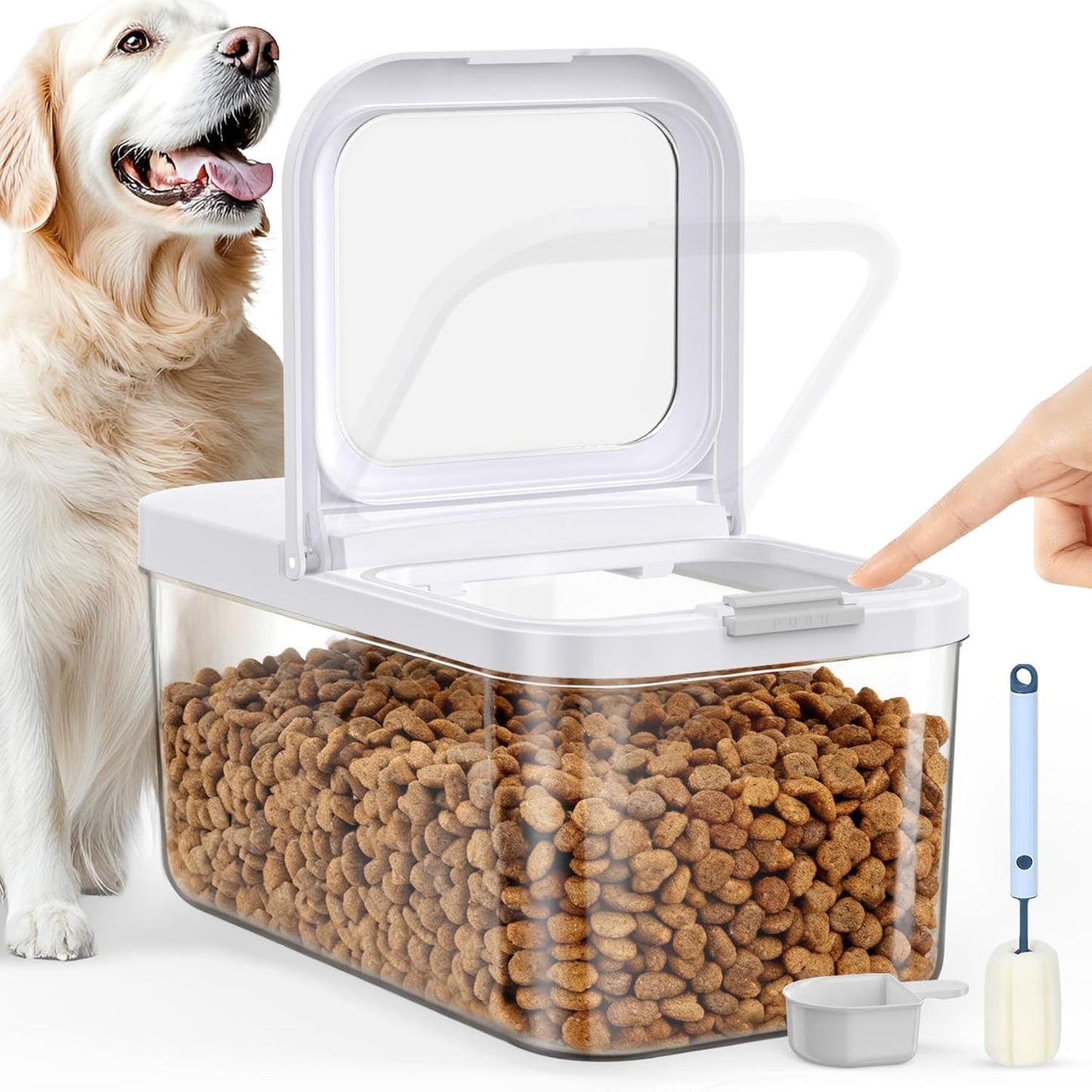 6 lbs Airtight Dog Cat Food Storage Container and Dog Treat Containers BPA-Free, PET Clear Stackable Pet Storage Bin, 1-Cup Scoop, 1-Sponge cleaning brush, Pop Top, With handle, Easy Mobility-Medium