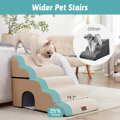 COZY KISS Extra Wide Dog Stairs with Tunnel, Foam Detachable Large Dog Step for Small Pet, Puppy or Cats, Medium Pet Ramp for High Bed, Couch, Sofa or Car, 19.7x33x22.4 inch, 5 Step, Beige