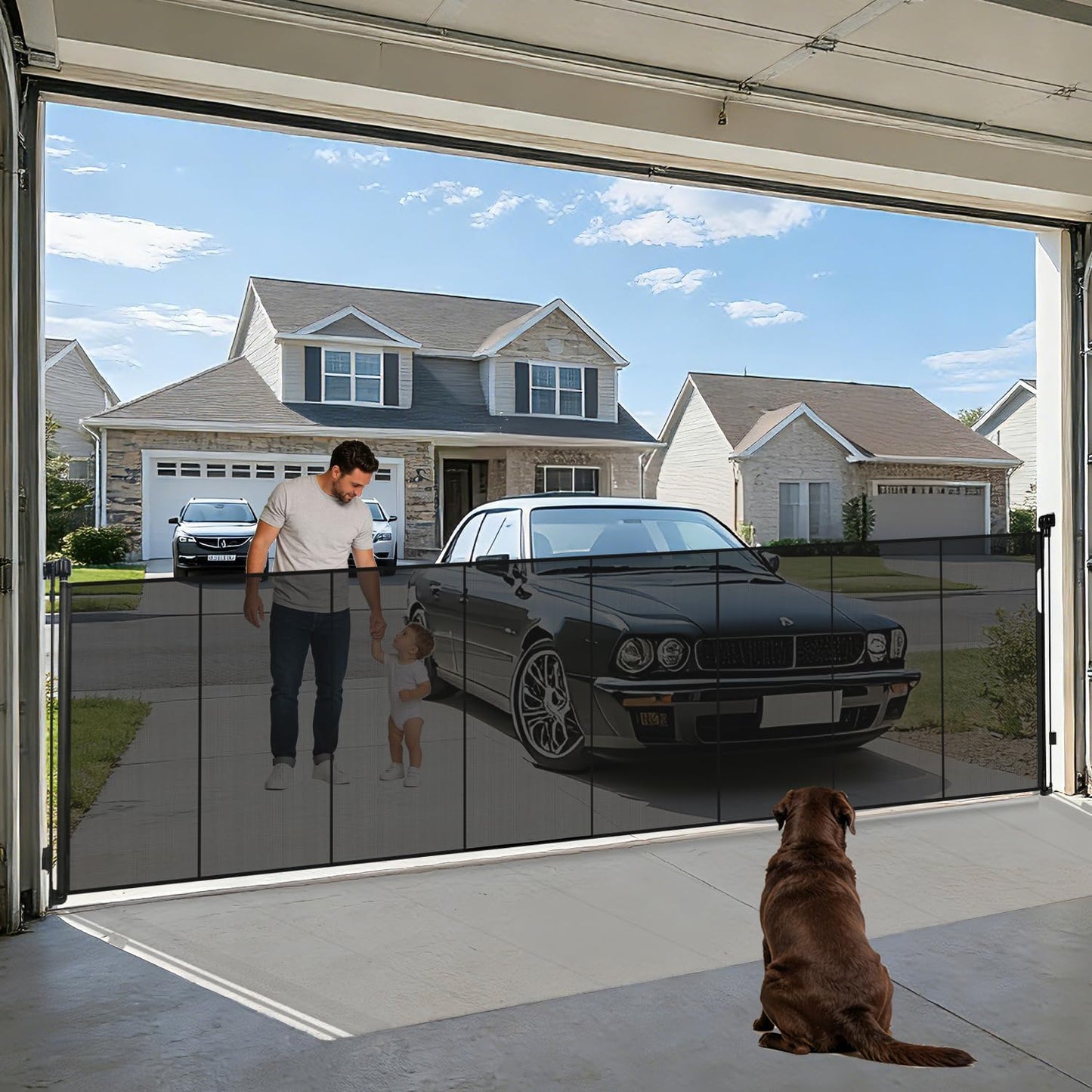 240'' Extra Wide Retractable Baby Gates for Large Opening, 42" Tall Retractable Dog Pet Gate with Support Rods, Long Mesh Screen Child Safety Gate for Garage Doorways Deck Stairs Yard Outdoor Indoor