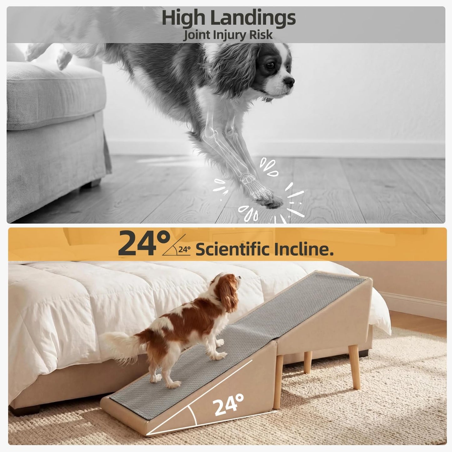 Dog Ramp for Bed, Wooden 23.62'' H Dog Stairs for Small/Medium-Sized Dogs and All Cats, Washable Non-Slip Silicone Surface pet Ramp, Foldable 2-in-1 Split Ottoman Design
