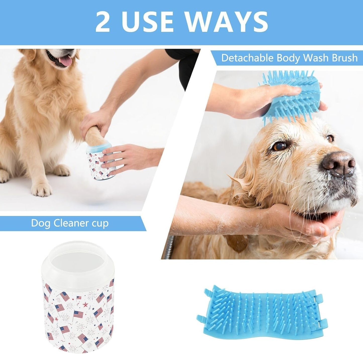 Flags Fireworks 250th Anniversary White Print Dog Paw Cleaner Cup with Soft Silicone Brush, Portable Small Lightweight Muddy Paw Washer for Dogs, Easy to Use Pet Foot Cleaner