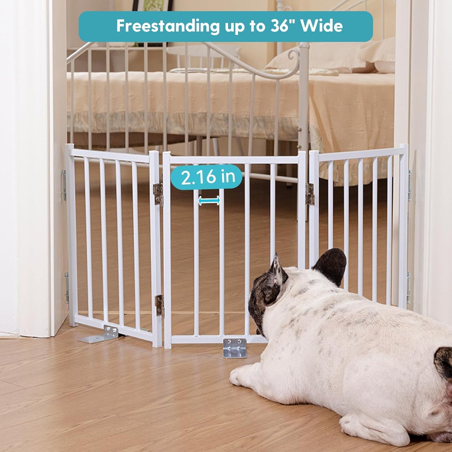 No Pawblems Free Standing Short Dog Gate, 16.5'' Tall Foldable Dog Fence for Indoor & Outdoor, Up to 72 Inch Extra Wide Puppy Gate for Stairs, Hallways, Doorways, Deck, Yard (White, 6 Panels)