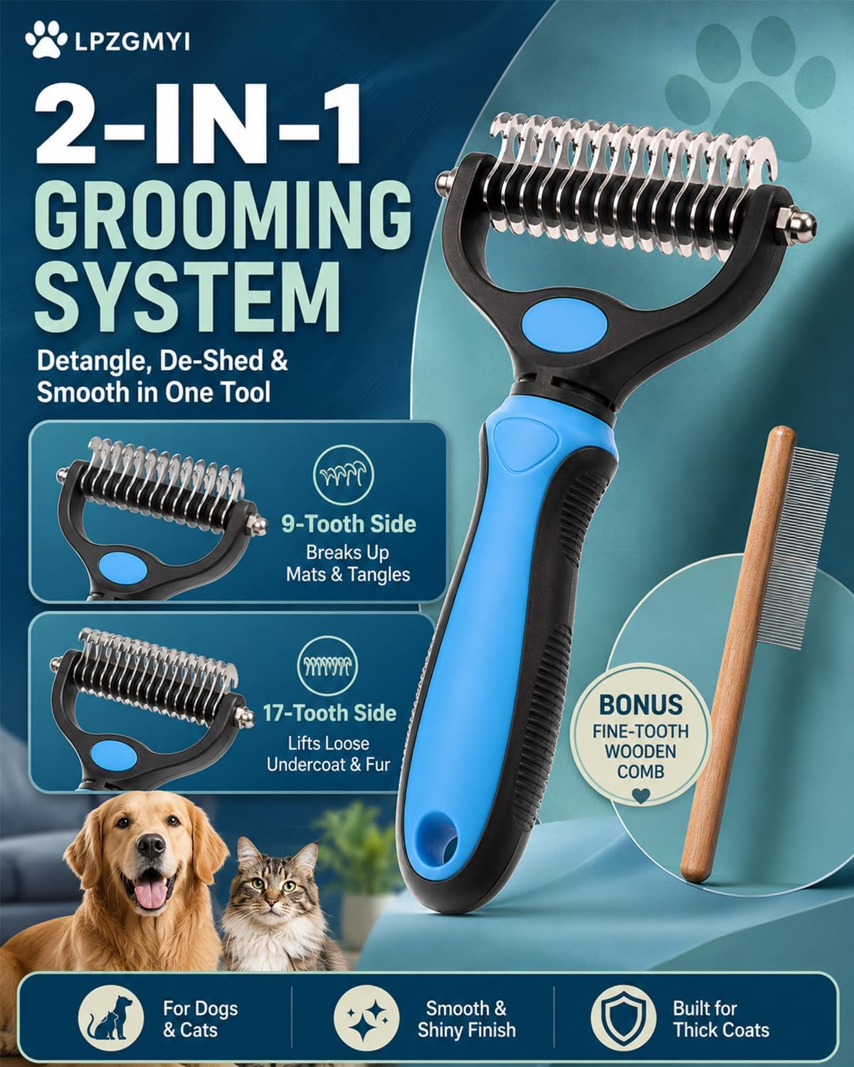 Undercoat Rake for Dogs, Pet Grooming Tool Pro Deshedding Brush Double Sided Cat Brushes Long Hair Dematting Comb Professional Extra-Wide Stainless Steel Teeth Supplies for Matted Fur on Cats (Green)