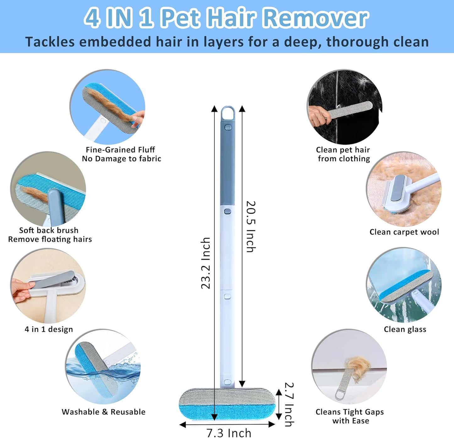 Pet Hair Remover for Furniture: Extra Long 23.2 Inch Reusable Pet Hair Removal Brush for Dog & Cat Hair, Effective on Couch, Carpet, Bedding, and Clothes, Gentle & Washable Design