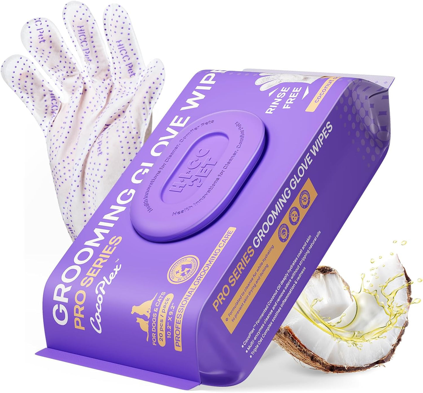 HICC PET Glove Wipes Pro – Pet Cleaning Gloves for Dogs & Cats – Infused with Coconut Oil & Plant Extracts – Hypoallergenic, Gentle, Spa-Like Care at Home, Portable 6 Pack-Coconut Scent