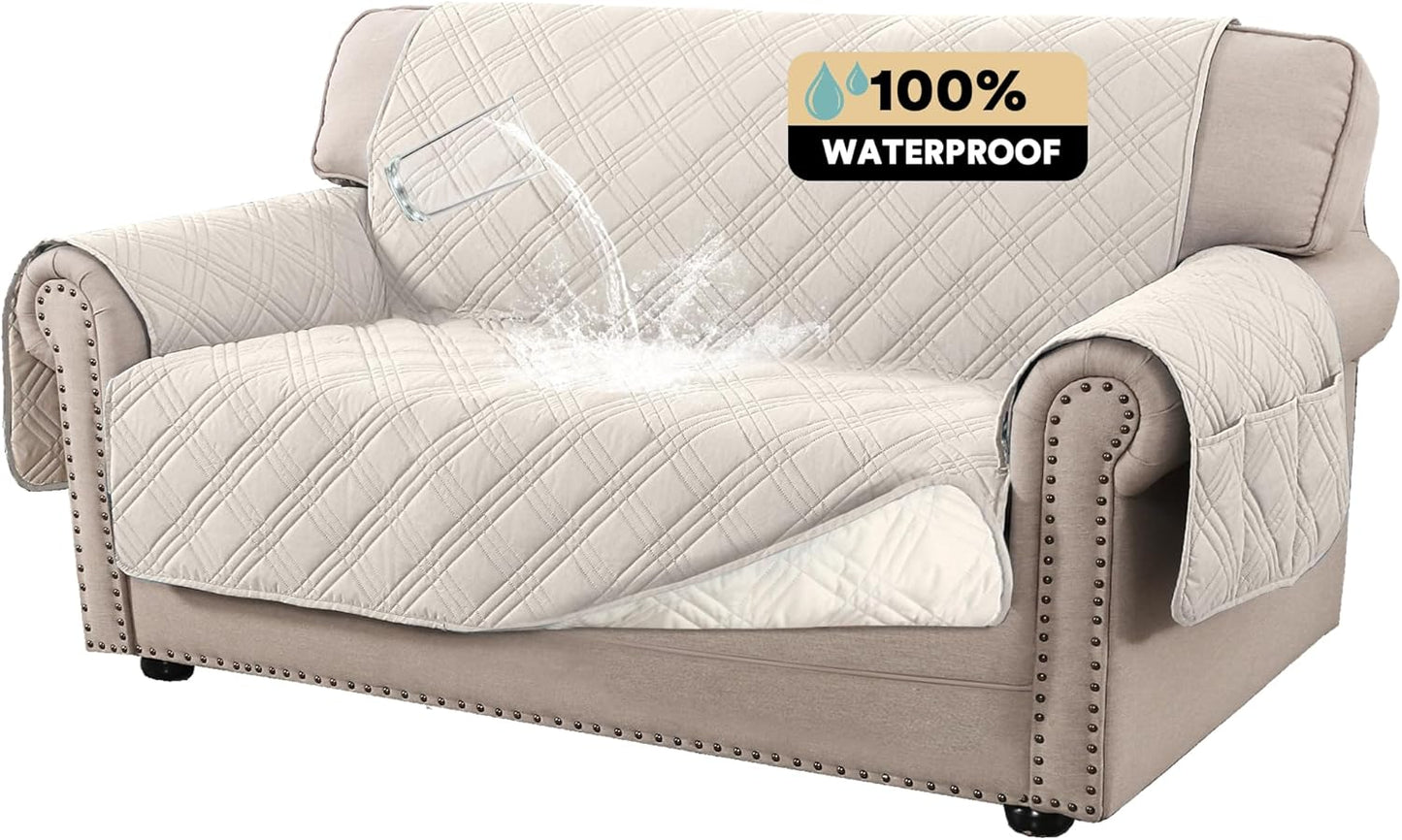 PrinceDeco 100% Waterproof Couch Cover for 3 Cushion Couch Sofa Pet Friendly Non-Slip Couch Cover for Dogs Washable Water Resistant Furniture Protector with Elastic Straps(Sofa 68", French Oak)