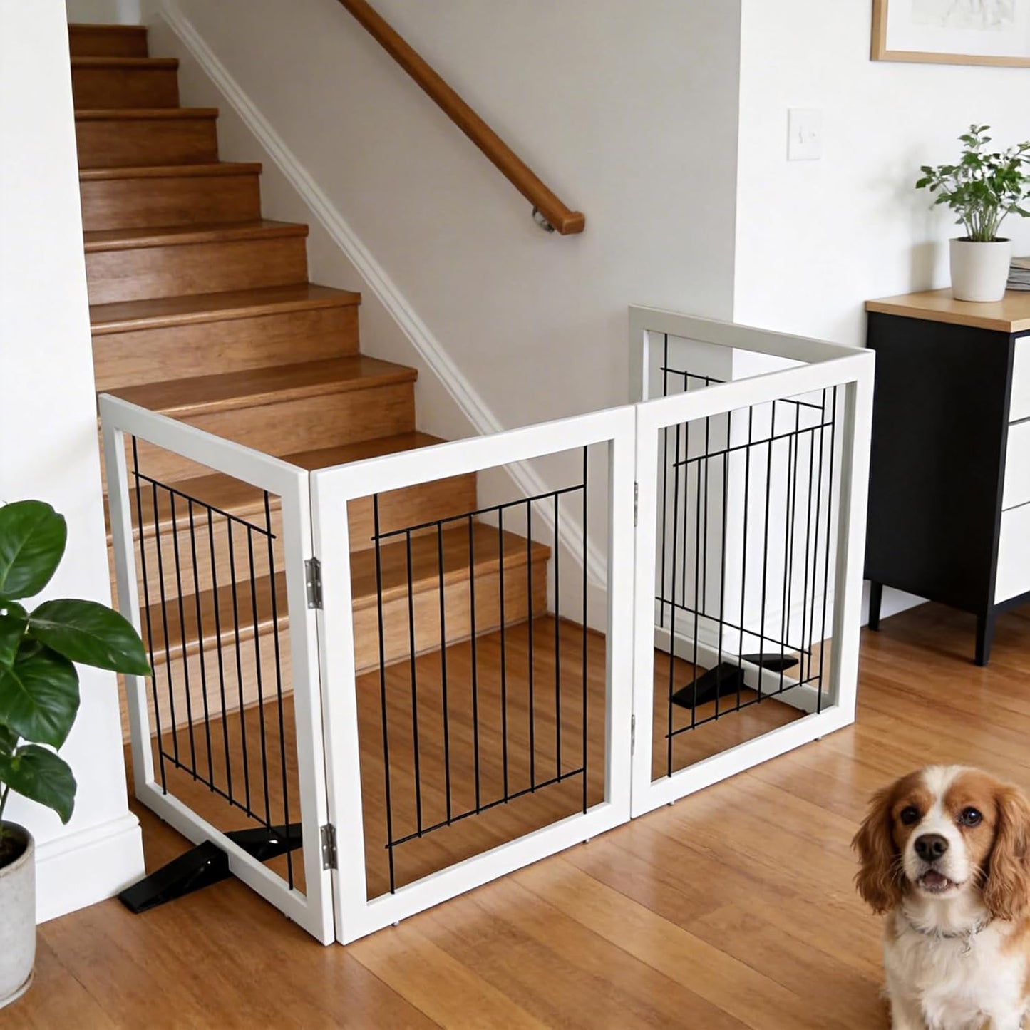 ZJSF Freestanding Dog Gate Indoor, Foldable Dog Fence for Doorways,Hallways or Stairs, Sturdy Wood Extra Wide Pet Gate with Support Feet,Black,24 "Height-3 Panels