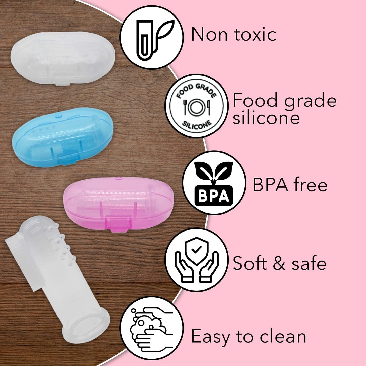 Gadgetime USA Baby Finger Toothbrush Set - Silicone Toddler Toothbrush with 3 Cases in Blue, Pink & Clear - Newborn Oral Massager