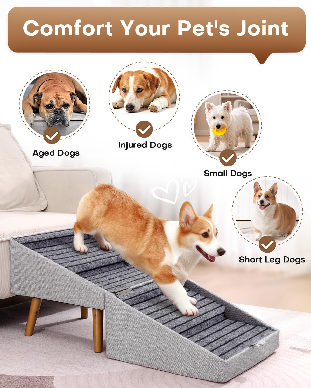 17.13" H Split Ottoman Dog Ramp for Couch and Bed, Non Slip Dog Stairs for Small Medium Large Dogs Cats Puppy, Joint Support 2 in 1 Foldable Wooden Pet Steps for Senior/Injured Dogs, Space Saving
