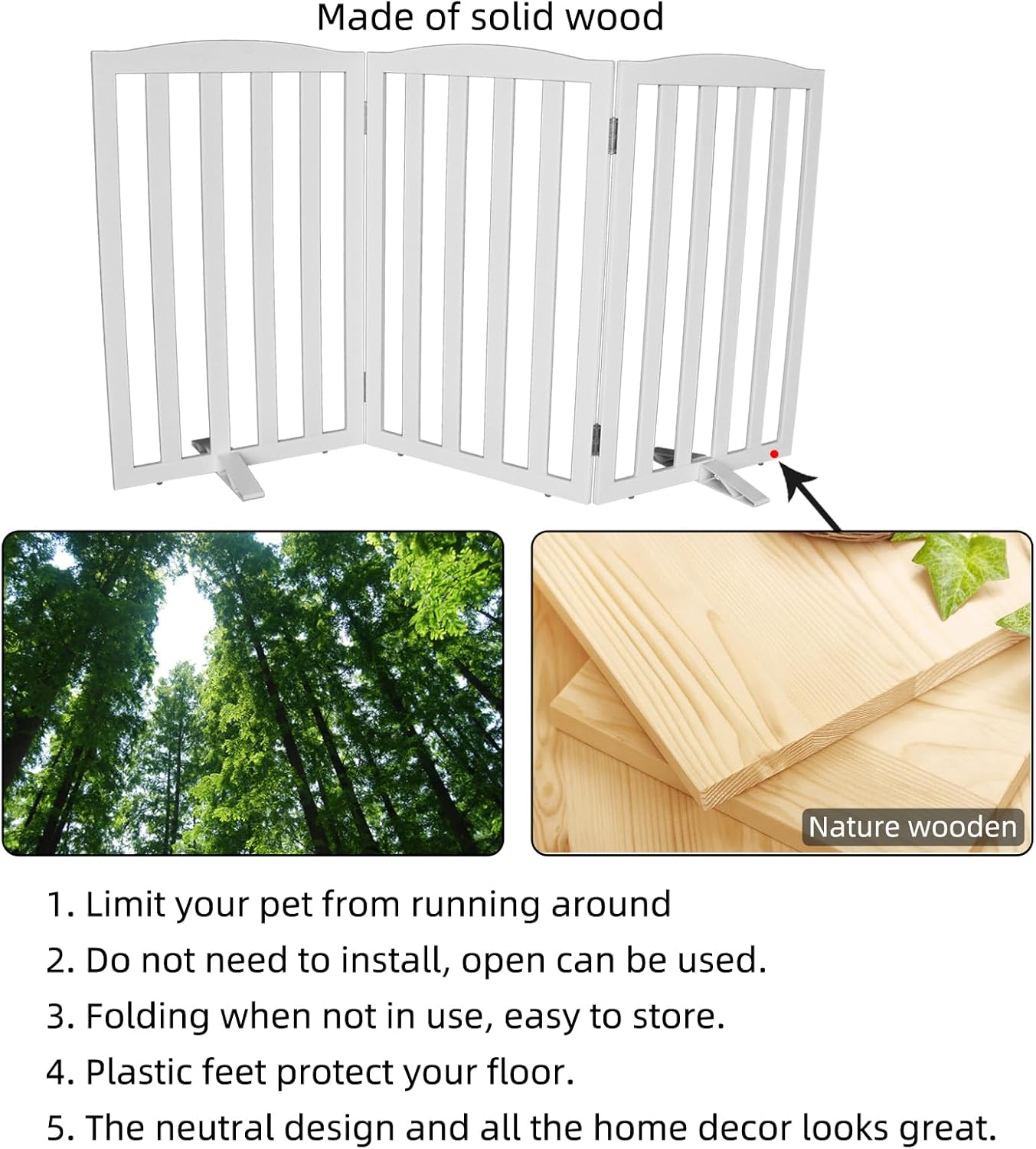 Freestanding Dog Gate Indoor,Doggie Gate Foldable Dog Gates for Doorways,Stairs or Hallways, Wooden White Pet Gate for the House, Pet Fence with Support Feet Included,24 "Height-4 Panels