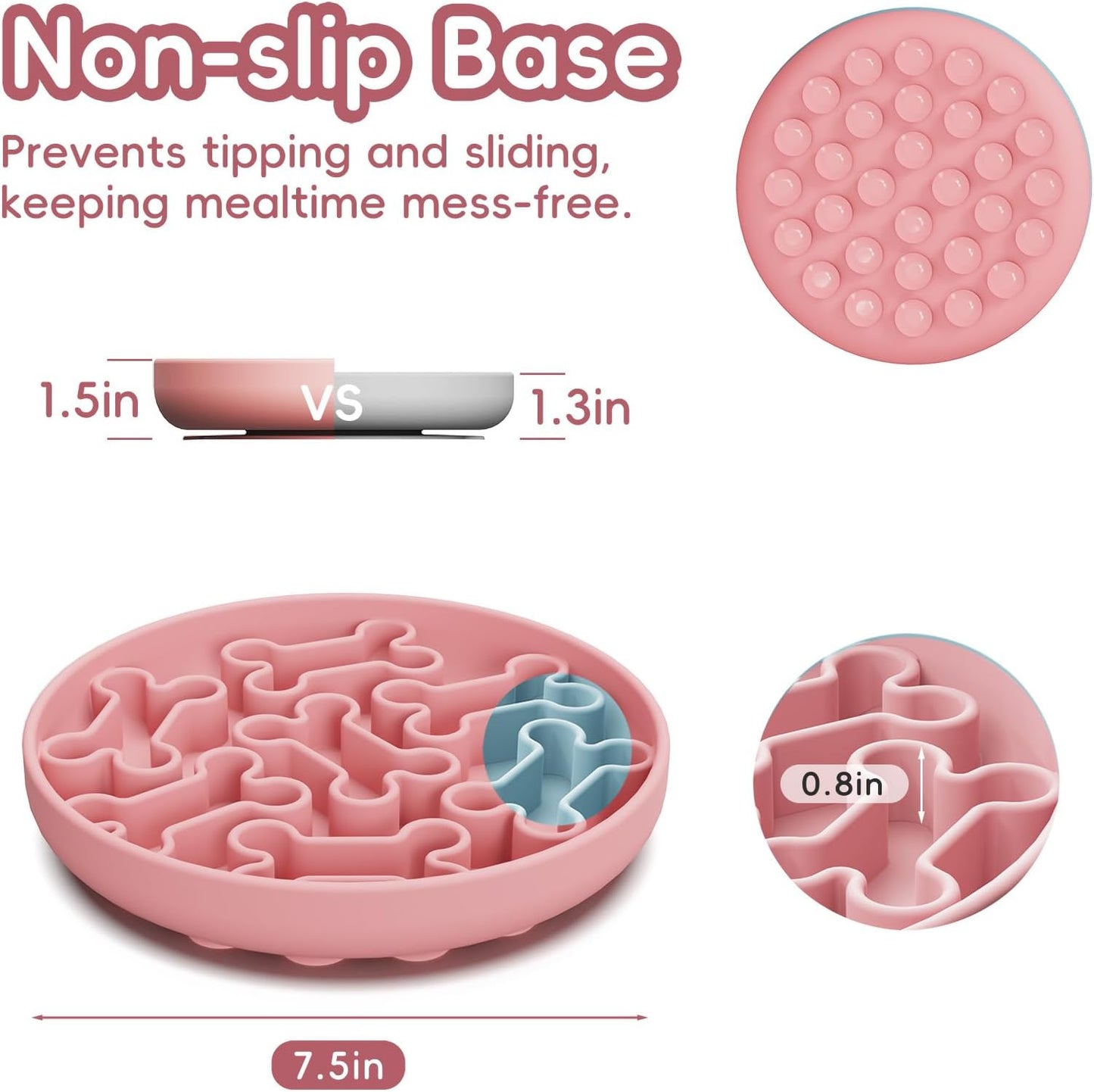 Silicone Slow Feeder Dog Bowl – Pink Bone Pattern | Food-Grade Non-Slip Dog Dish for Anti-Bloat, Fast Eating Prevention, 7.5” x 1.5”, Dishwasher Safe