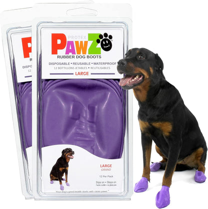 PawZ Rubber Dog Boots for Large Paws - All-Weather Waterproof Dog Shoes, Anti-Slip Traction for Rain, Snow, Mud & Hot Pavement - Pull-On Dog Booties, Purple - Large (3"- 4") - Pack of 24