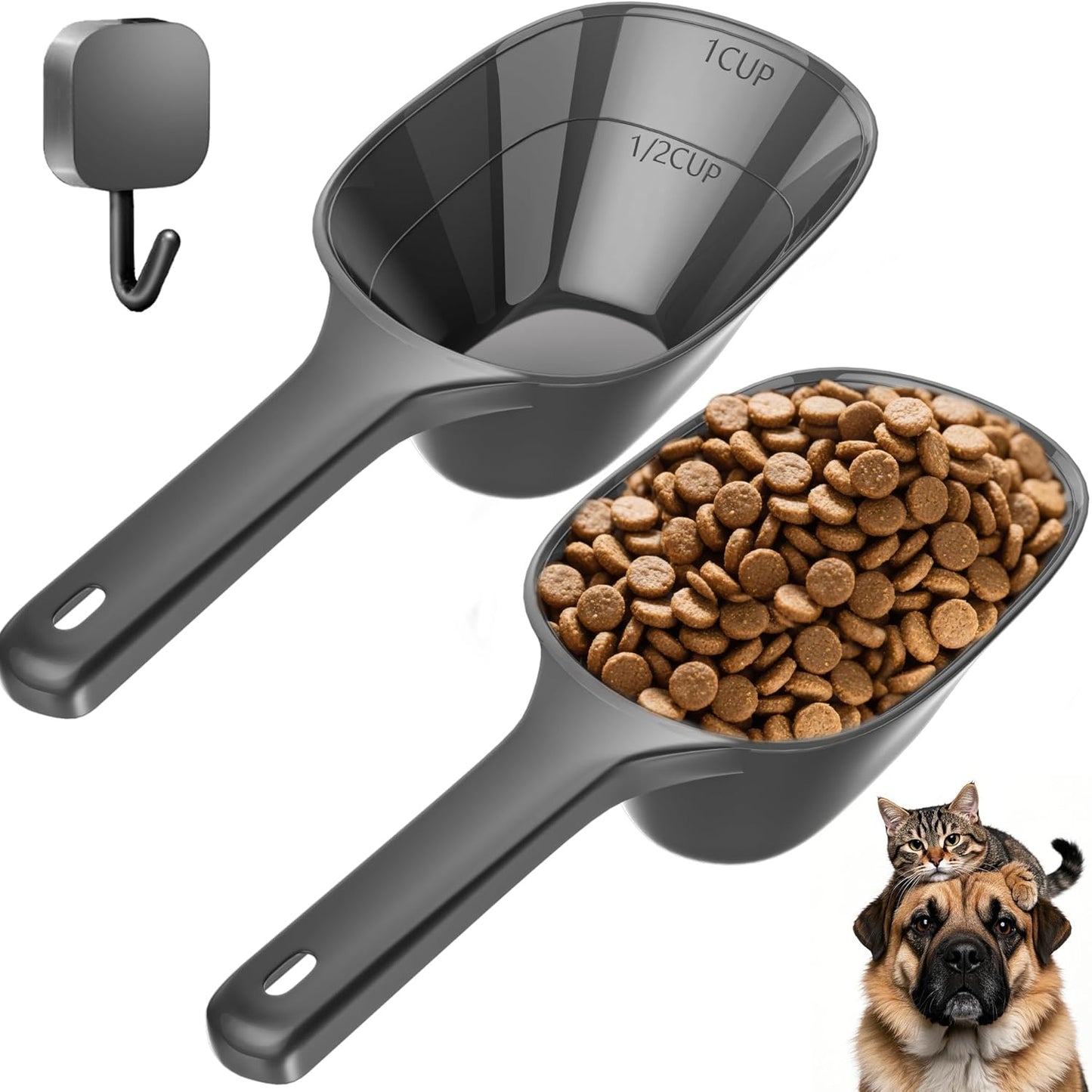 Food Scoop, Cup Capacity Dog Food Scooper With Measuring Lines For Dog, Puppy and Cat Coffee Bean Scoop, Flour Scoop 2 Pack (Grey)