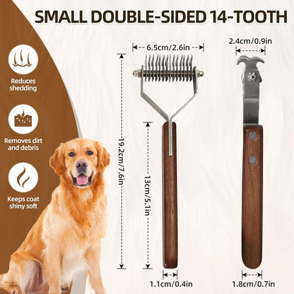 Large 2-Sided Undercoat Rake for Dogs and Cats，Professional Pet Grooming Shedding Tool Combs for Animals，Stainless Steel with Wooden Handle for Thick Coats (20-Blades)