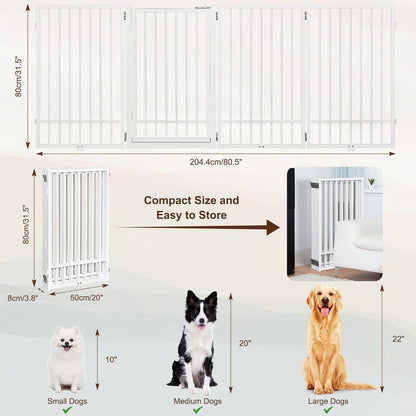 Metal Freestanding Dog Gate with Door, Extra Wide 81", 31" Height Foldable Dog Gates for Doorways, Tall Pet Fence Indoor Pet Gates, 4 Panels Pet Barrier for Stairs Hallways, Black