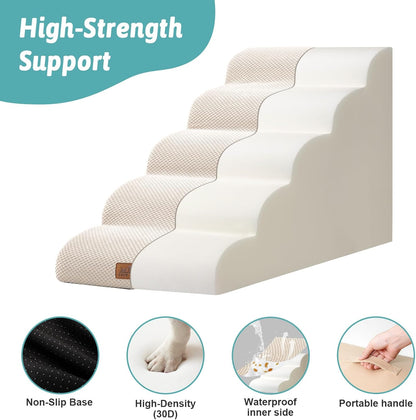 COZY KISS Dog Stairs for Small Dogs 15.7" H, Curved Dog Step for Puppy, Older Cat, Medium Pet Ramp for Sofa, Couch or Chair, Ladder with High Density Foam, 3 Step, 15.7x22.4x15.7 inch, Beige