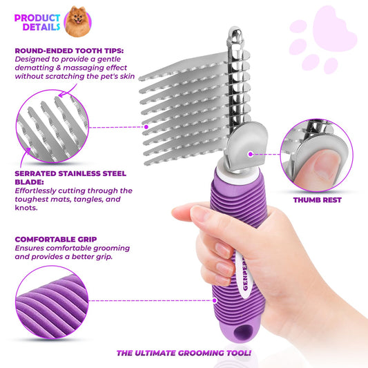 GENPEPADO Dematting Undercoat Rake Comb for Dogs & Cats with Long 2.5-In Stainless Steel Safety Blades for Removing Knots, Mats & Tangles - Pet Grooming Deshedding Brush Tool with Anti-Slip Grip