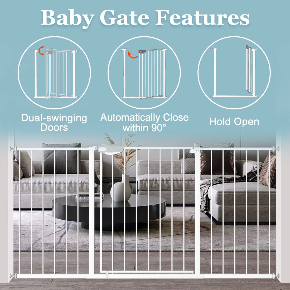 WAOWAO Triple Lock 49.21-66.54" Baby Gate Extra Wide Pressure Mounted Walk Through Swing Auto Close Safety Black Metal Dog Pet Puppy for Stairs,Doorways,Kitchen