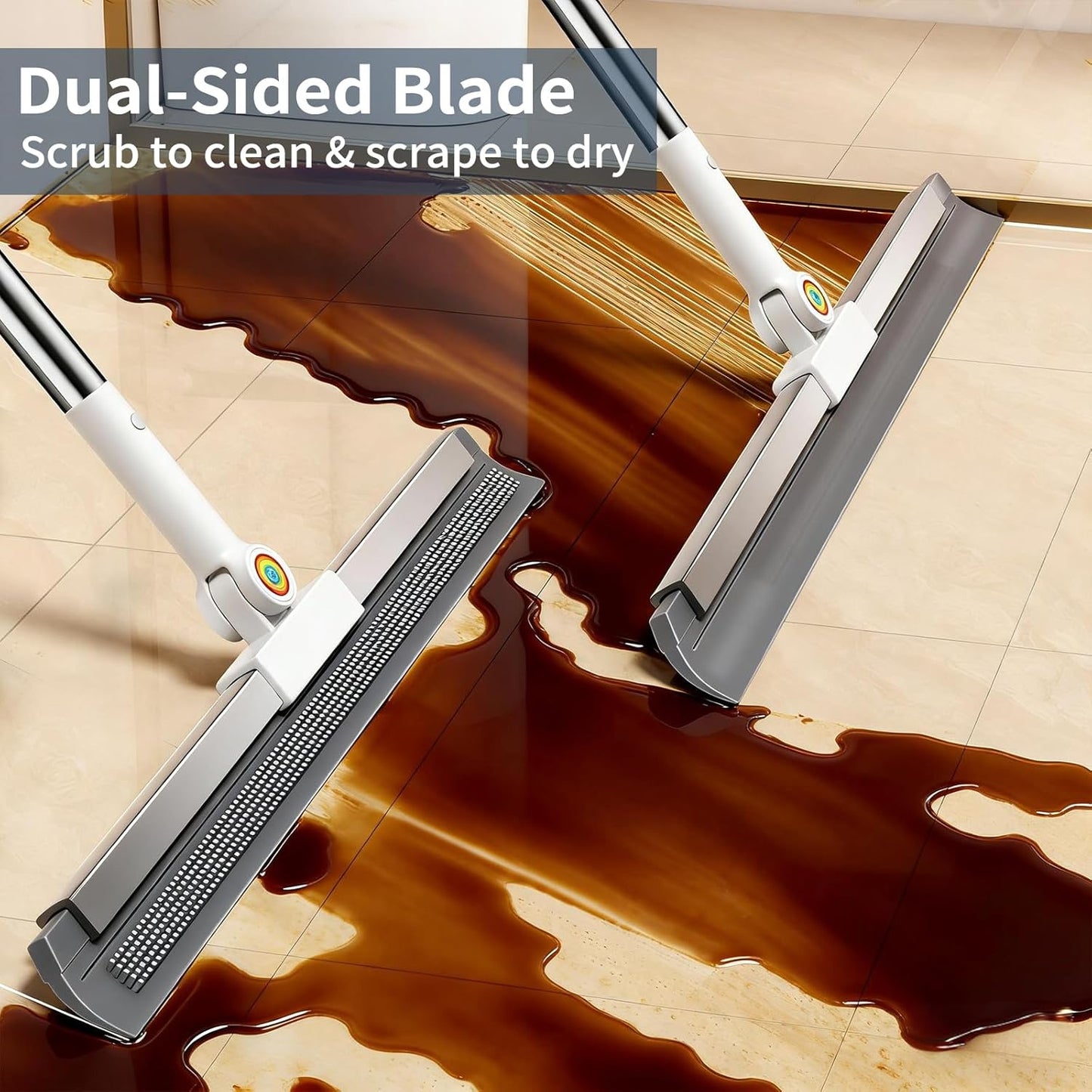 Floor Squeegee for Concrete Floor, Squeegee for Floor with 180° Rotating Head & 63" Long Handle, Garage Squeegee Broom for Epoxy Floor, Pet Hair, Water Removal, Bathroom Tile, Shower Glass, Carpet