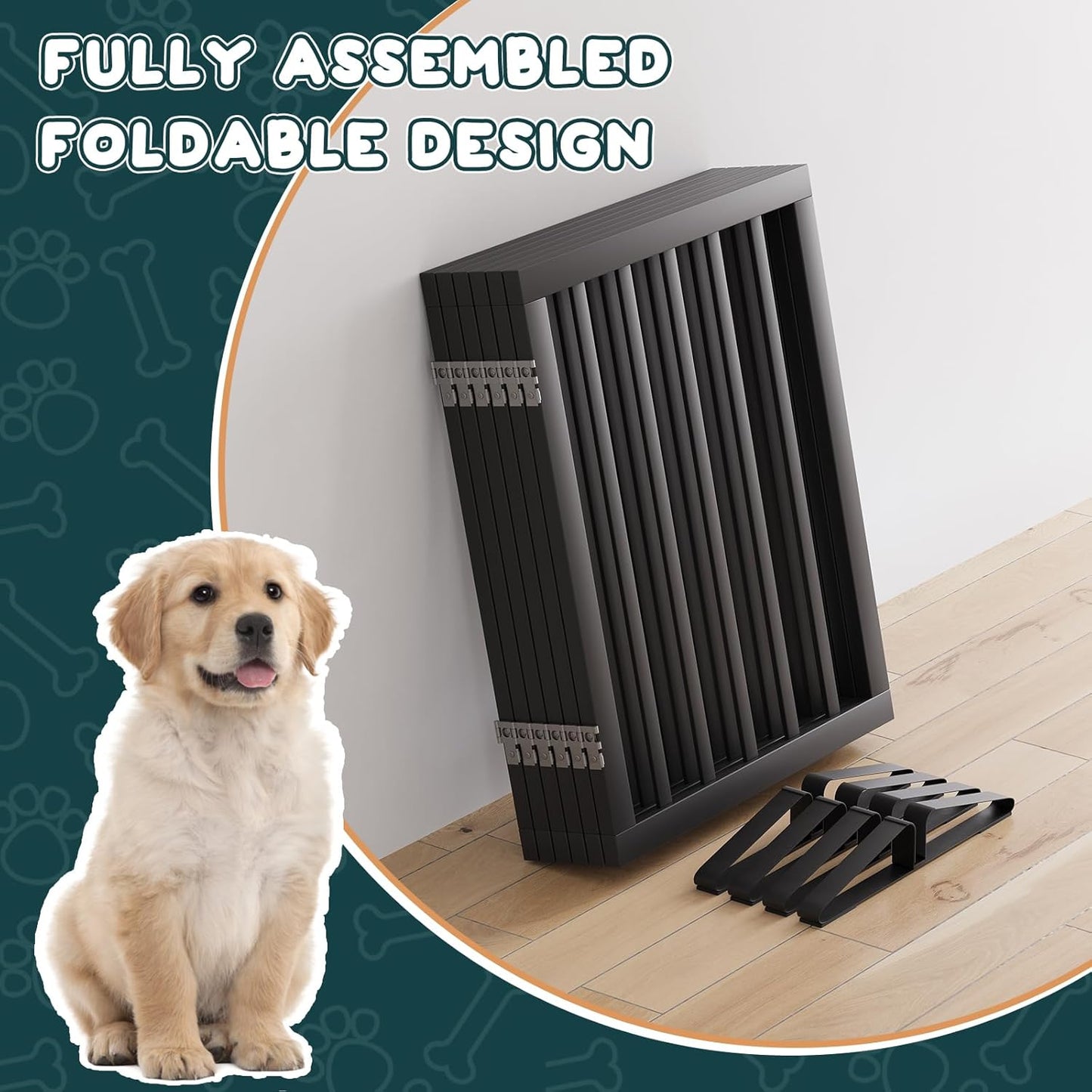 Freestanding Dog Gates Indoor, 3-Panel Pet Gates with 2 Metal Stands and 360° Hinge, 24" H Foldable Dog Gate for Stairs, Doorway, Kitchen, Expands Up to 55" Fully Assembled - Black Walnut