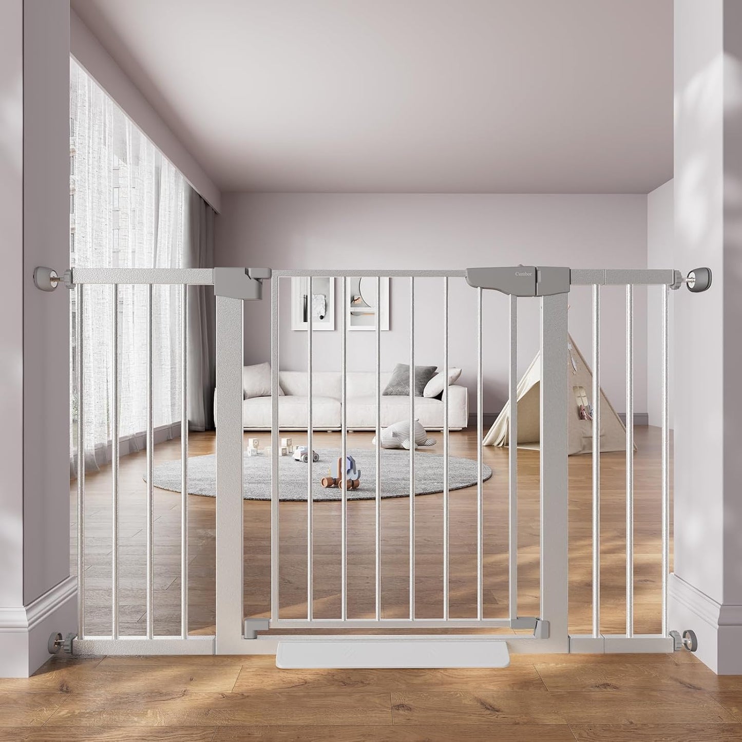 Cumbor 36.6-64" Extra Wide Baby Gate for Stairs, Dog Gates for Doorways, Auto-Close Pet Gate Indoor, Pressure Mounted Walk Through Safety Child Gate for Kids Toddler, Tall Pet Puppy Fence Gate, Brown