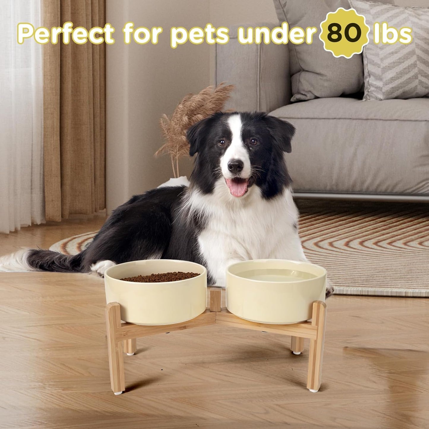 SPUNKYJUNKY Elevated Dog Bowls Ceramic, 6.1'' Dogs and Cat Food Water Bowls Raised with Non-Slip Bamboo Stand for Medium Sized Breed Microwave Dishwasher Safe - 28.7 OZ,Beige