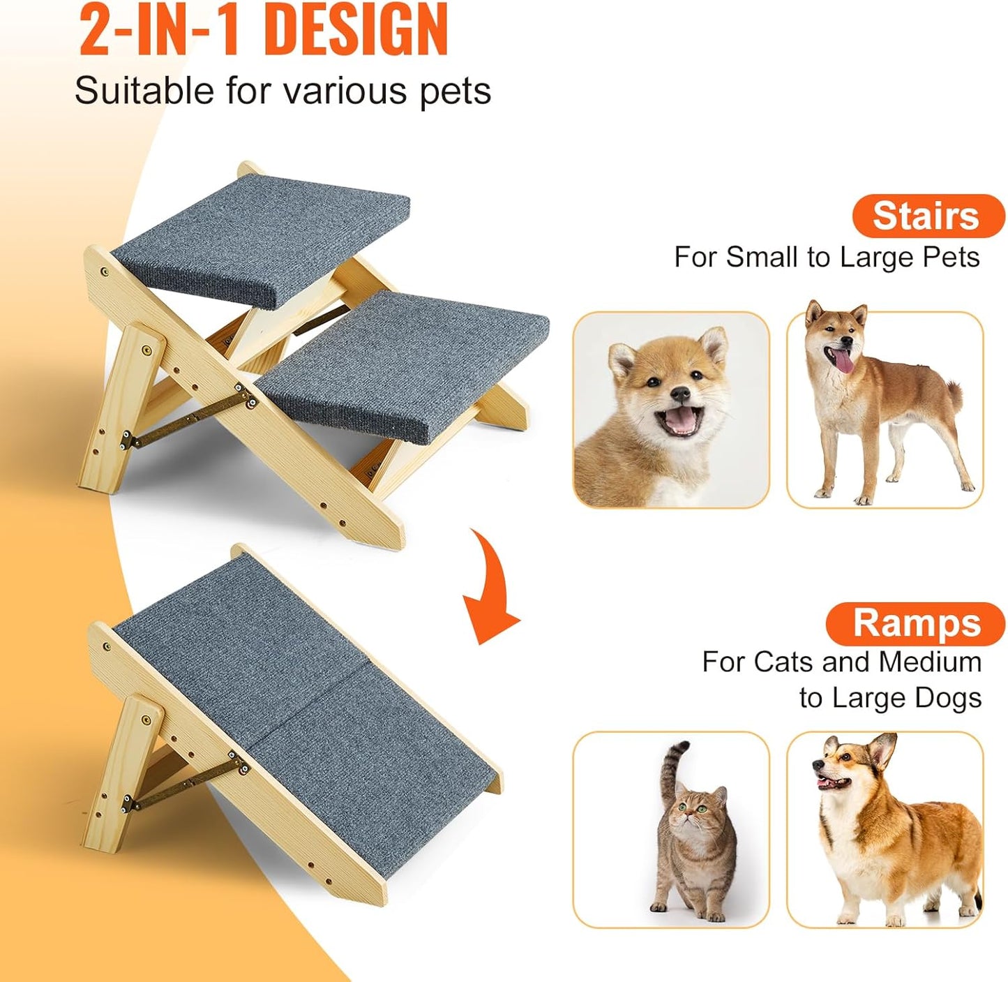 VEVOR Wood Pet Stairs, 2-Step Dog Stairs for Beds, Sofa & Cars, 110lbs Load Capacity, Floded Flat Design, Stable & Sturdy Cat & Dog Step Ladder for Small Medium Large Older Pet Puppy Essentials
