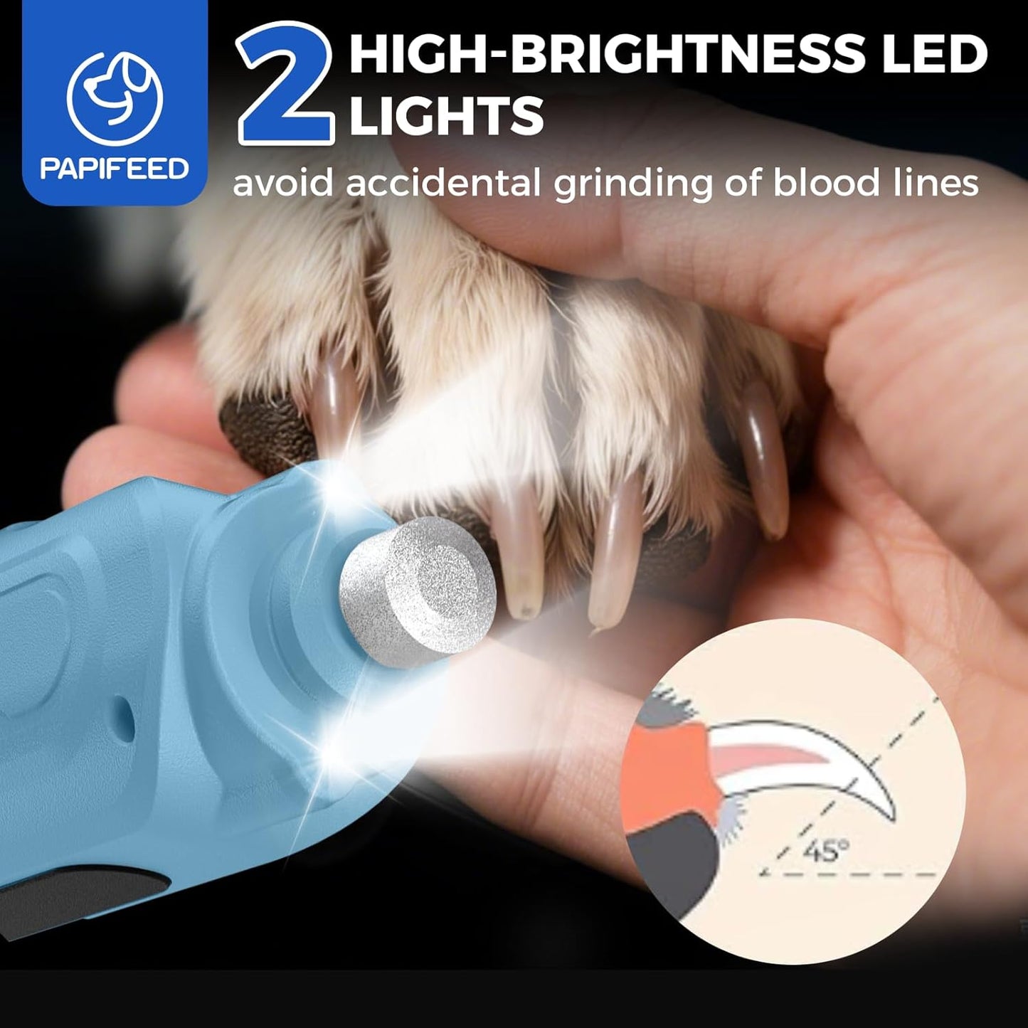 PAPIFEED Dog Nail Grinder, Pet Nail Grinder with 6 Speeds Quiet Motor, LED Light and Dust Collection, Rechargeable Dog Nail Trimmer for Small Medium Large Dogs Cats, Type-C Grooming Kit