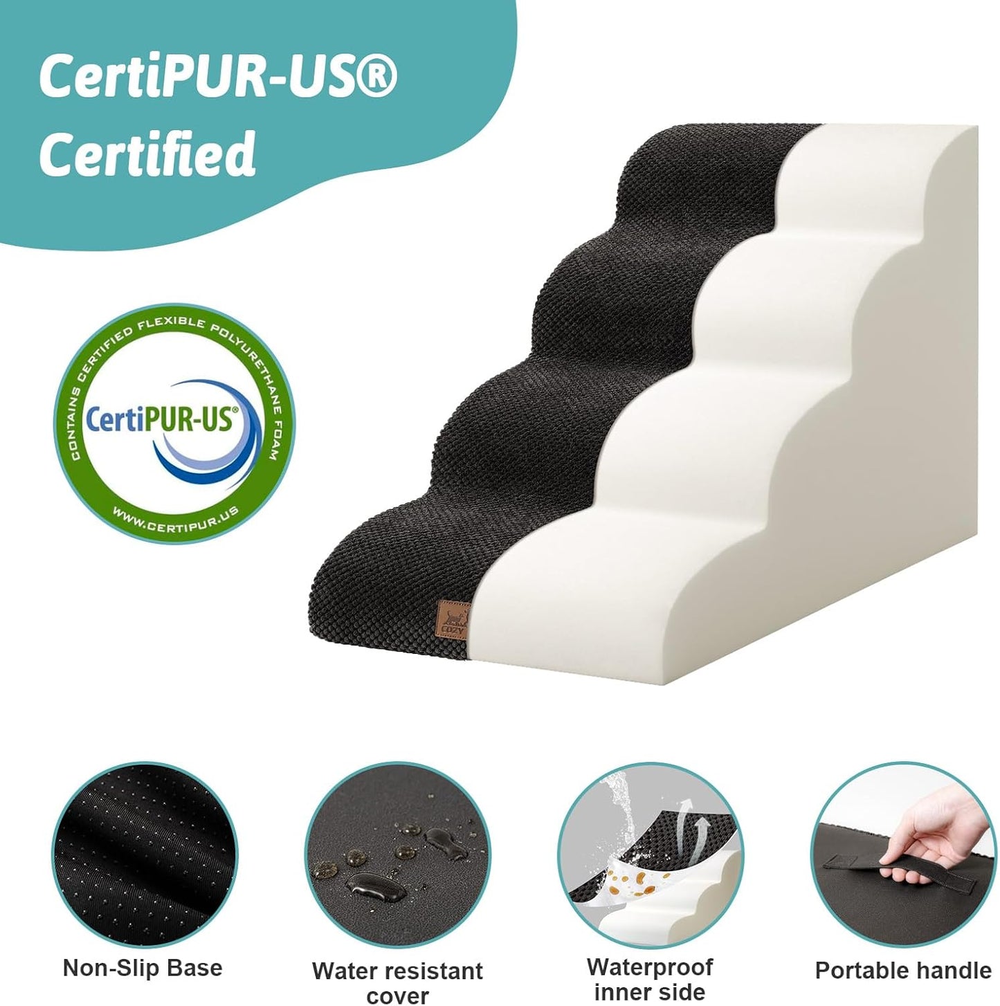 COZY KISS Extra Wide Dog Stairs with Tunnel, Foam Detachable Large Dog Step for Small Pet, Puppy or Cats, Medium Pet Ramp for High Bed, Couch, Sofa or Car, 19.7x33x22.4 inch, 5 Step, Beige