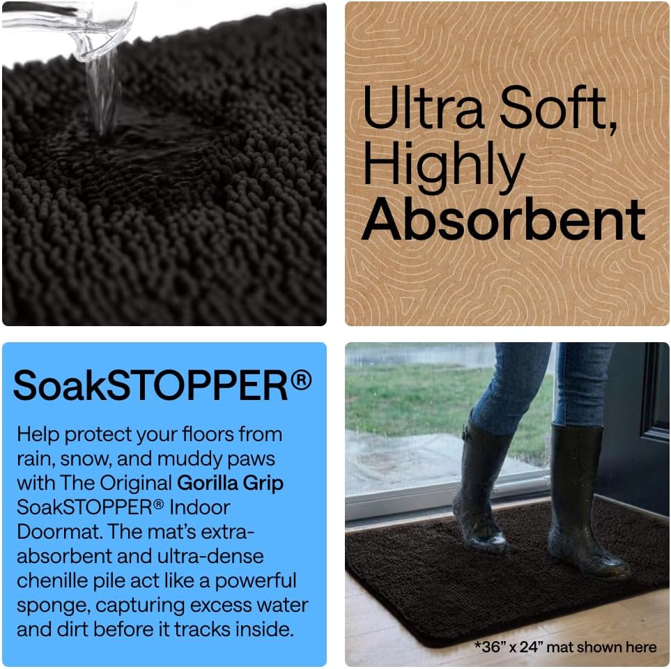 GORILLA GRIP SoakSTOPPER Dog Door Mat, 30x20 Machine Washable Rug Absorbent Doormat Captures Moisture Mud Dirt, Quick Dry Soft Chenille Entryway Rugs Indoor Entrance Mats for Dog Paws, Paw Grey