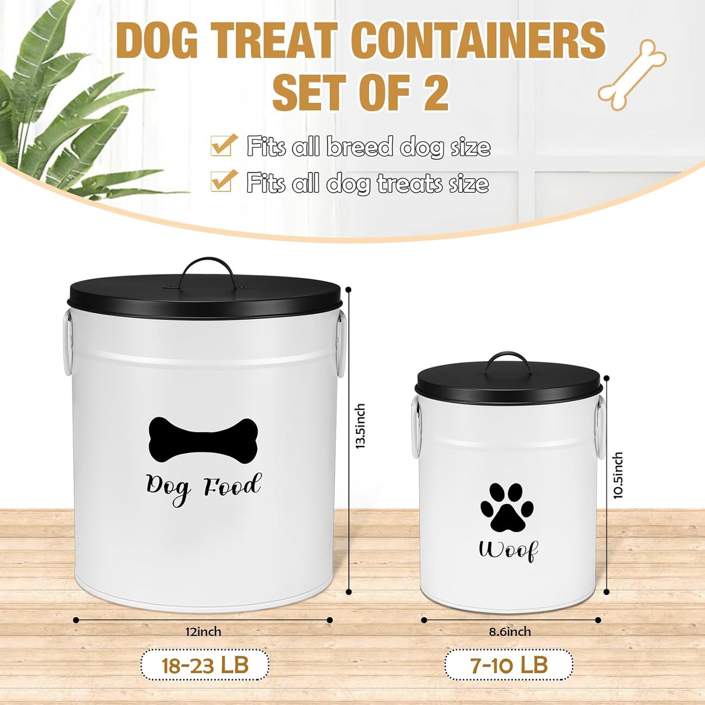 DoubleFill Extra Large 23+10 lbs Metal Dog Food Storage Containers Set of 2 Airtight Dog Treat Snack Jars with Lids and Spoon Farm House Style Big Pet Cookie Jar for Kitchen Counter Gift