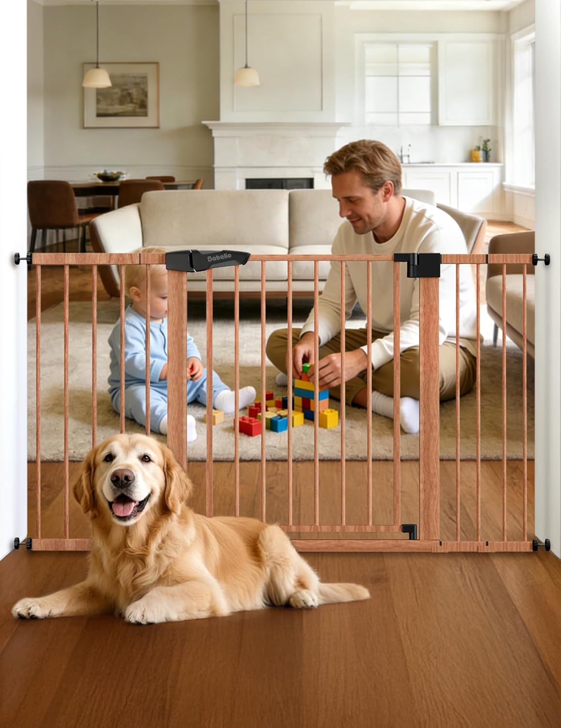 Babelio 29-55 Inch Extra Wide Baby/Dog Gate, PressGuard P7, Metal Auto Close, Pressure Mounted Pet Door for Doorways, NO Need Tools and Drilling, with Wall Cups, White