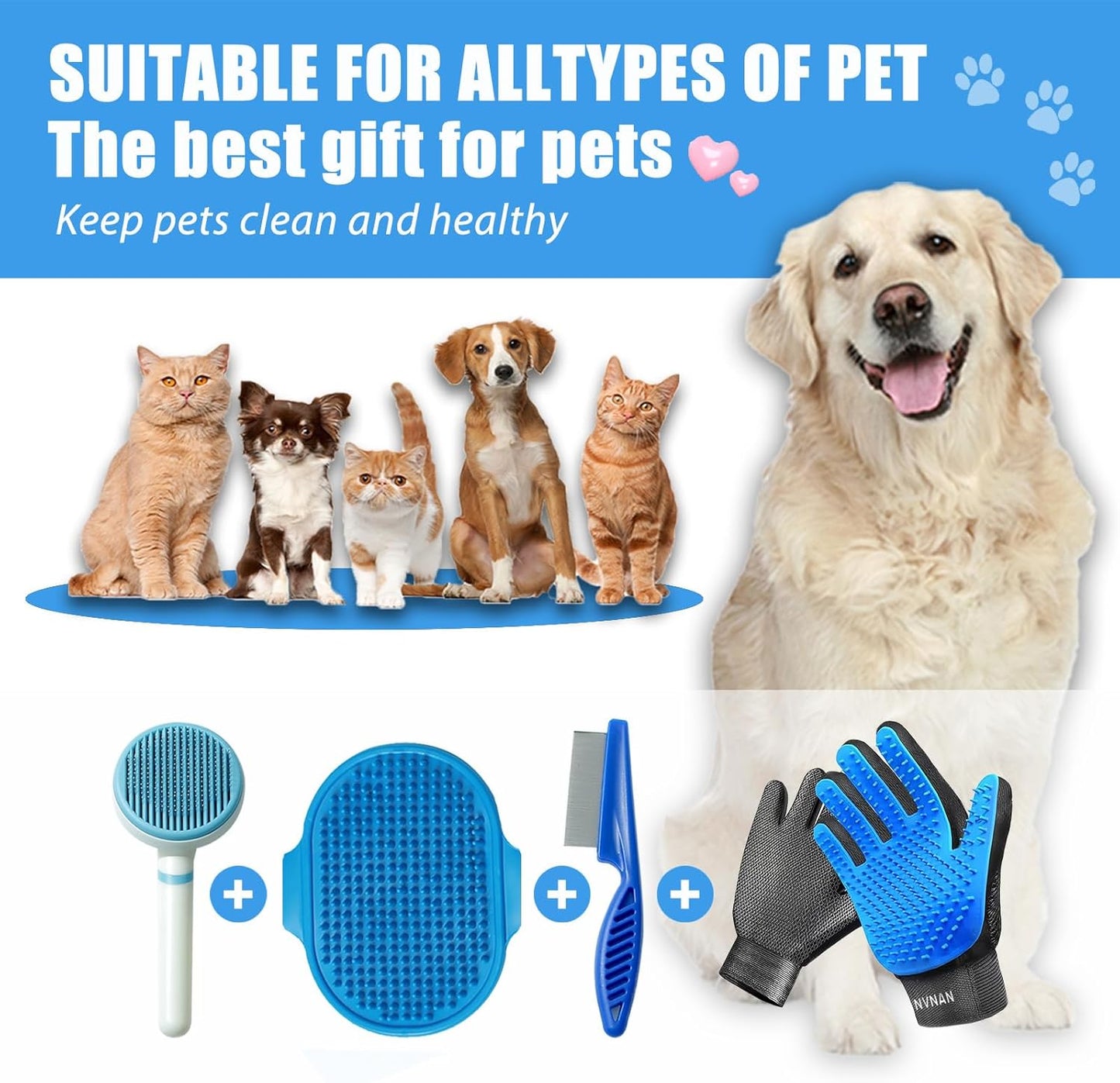 NVNAN Pet Hair Removal Glove for Dogs & Cats, 2-in-1 Deshedding Brush & Massage Mitt - Grooming Gloves for Shedding Control, Bathing and Washing, Safe for Short/Long Hair Pets 2-Pack (Blue)