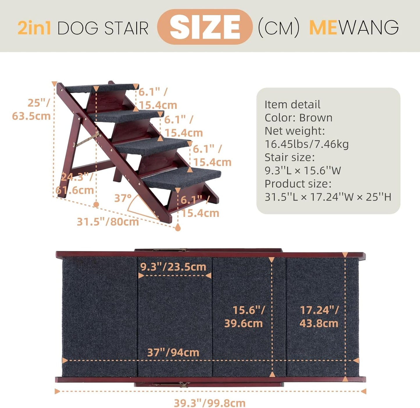 MEWANG Wooden Pet Stairs/Pet Steps - 3-in-1 Foldable Stairs & Ramp for Beds and Cars - Portable Dog/Cat Ladder Up to 220 Pounds - Great for Small and Older Animals(Brown) (24.8" L x 17.2" W x 19.5" H)
