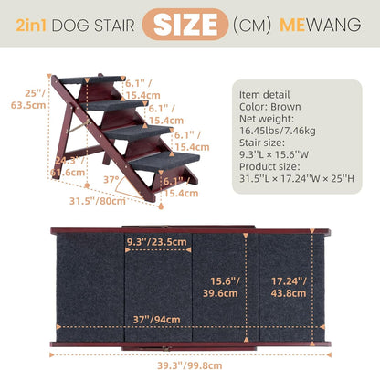 MEWANG Wooden Pet Stairs/Pet Steps - 3-in-1 Foldable Stairs & Ramp for Beds and Cars - Portable Dog/Cat Ladder Up to 220 Pounds - Great for Small and Older Animals(Brown) (24.8" L x 17.2" W x 19.5" H)